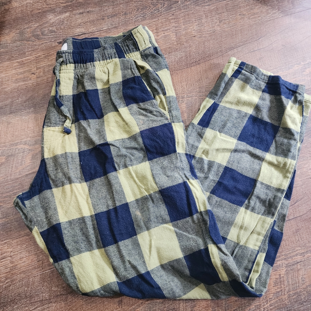 Old Navy Men's Blue and Tan Checkered Pj Bottoms